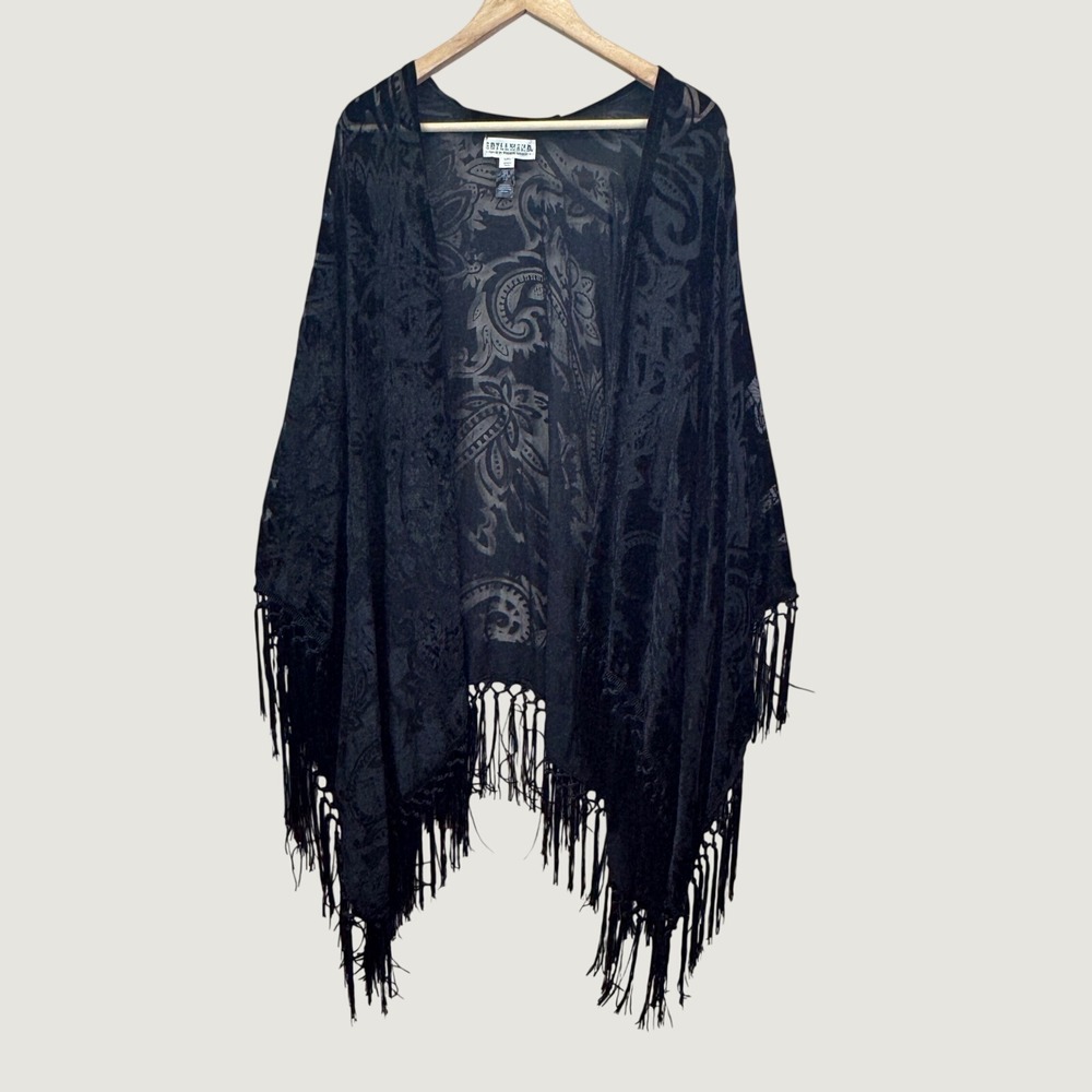 Idyllwind Miranda Lambert Womens Black Paisley Burnout Velvet Fringe Kimono L/XL
